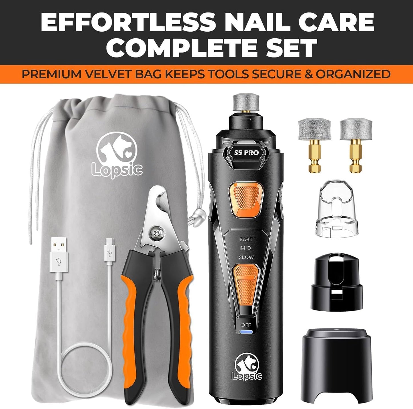 Quiet, rechargeable nail grinder for dogs and cats. Features 4 LED lights, 3 speed settings, and 3 grinding heads for safe, gentle, and stress-free nail trimming.