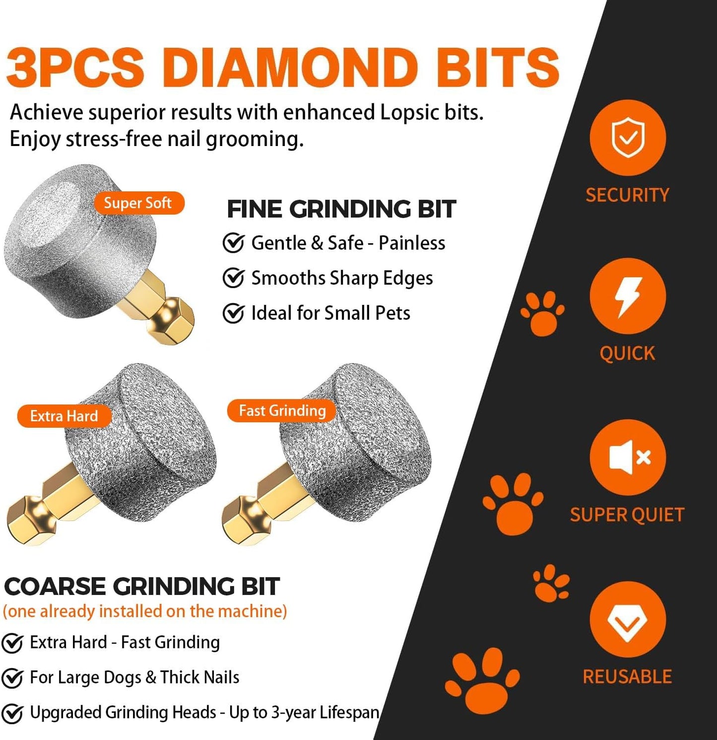 Quiet, rechargeable nail grinder for dogs and cats. Features 4 LED lights, 3 speed settings, and 3 grinding heads for safe, gentle, and stress-free nail trimming.