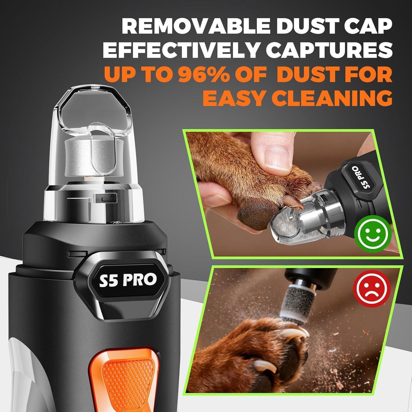 Quiet, rechargeable nail grinder for dogs and cats. Features 4 LED lights, 3 speed settings, and 3 grinding heads for safe, gentle, and stress-free nail trimming.