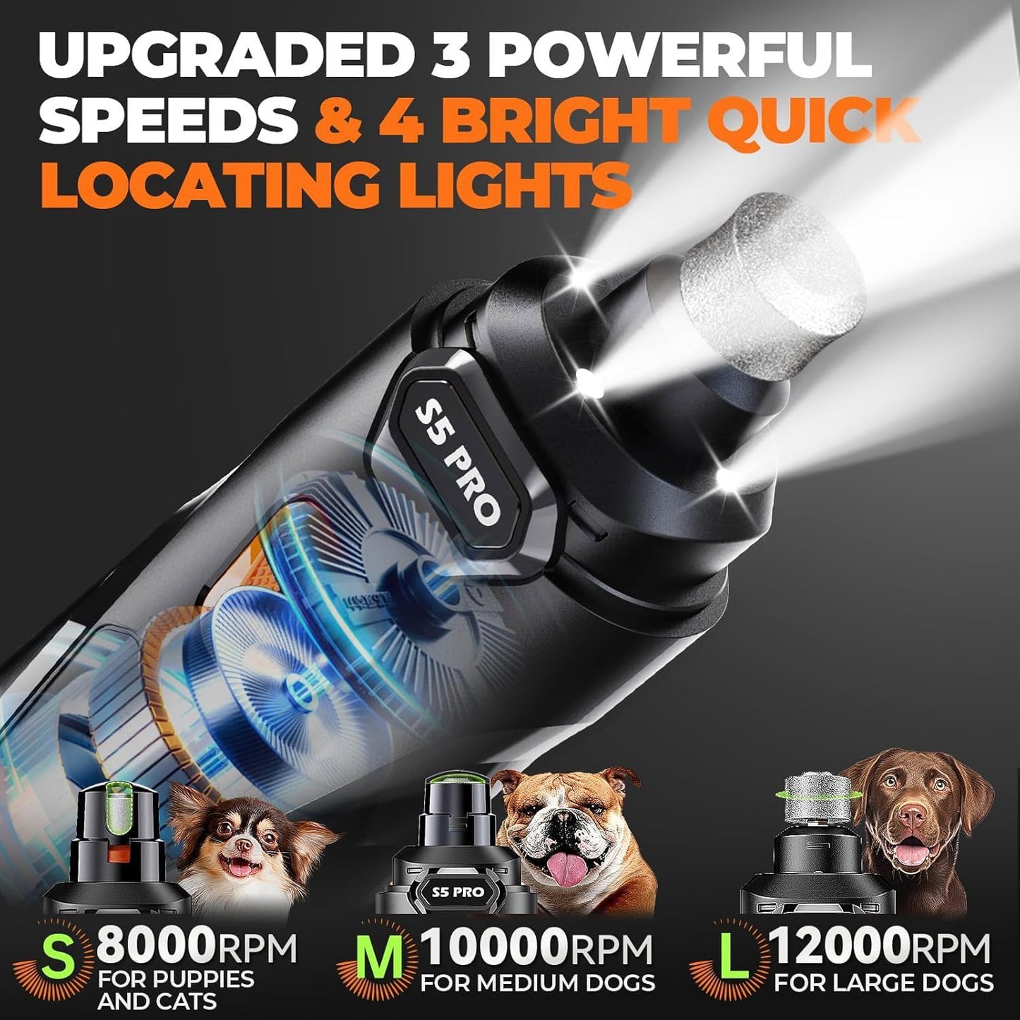 Quiet, rechargeable nail grinder for dogs and cats. Features 4 LED lights, 3 speed settings, and 3 grinding heads for safe, gentle, and stress-free nail trimming.