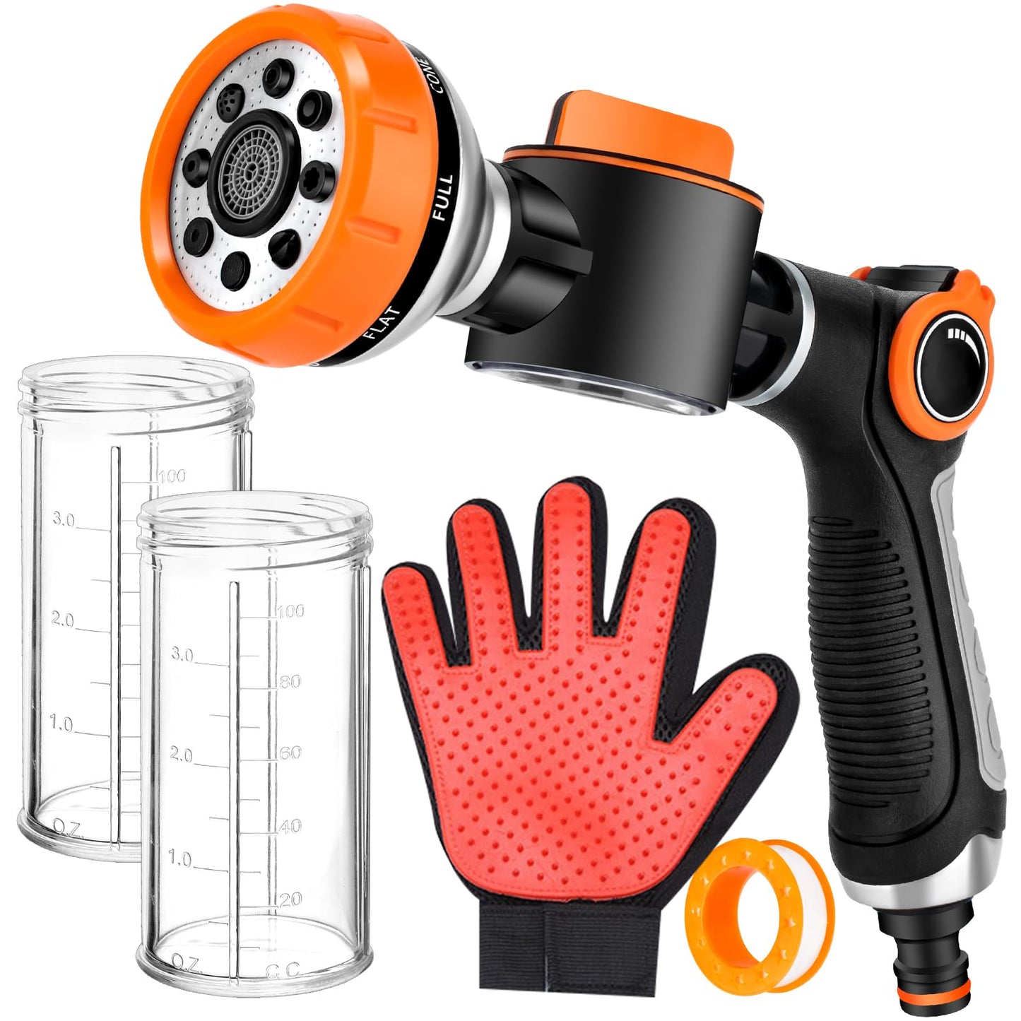 Upgrade Dog Washing Hose Attachment, 8 Spray Patterns Dog Wash with 3.5oz 100cc Soap Dispenser, Dog Washing Gloves, Dog Bath Brush, Suitable for Watering Plant, Patio, Cleaning, Showering Pet