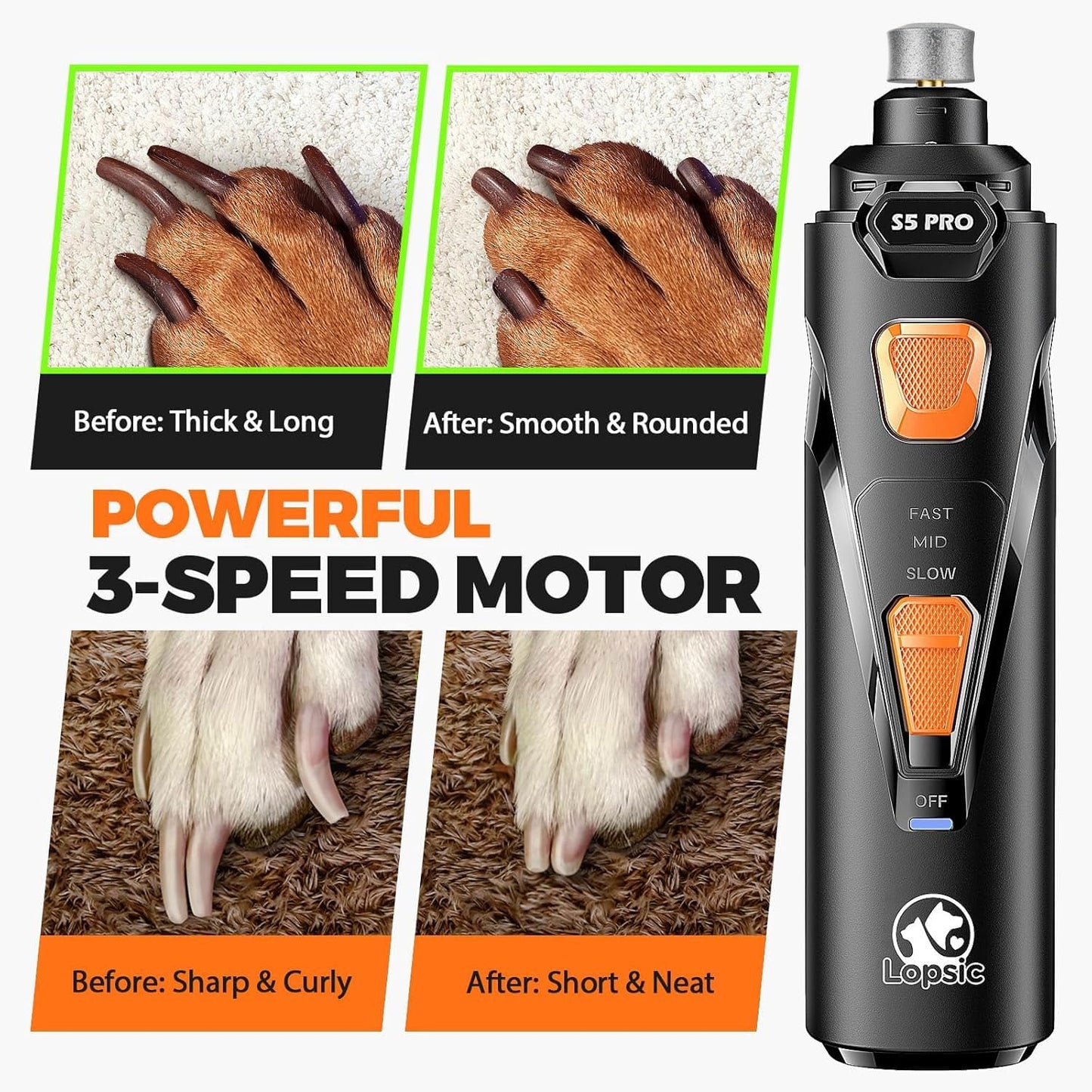Quiet, rechargeable nail grinder for dogs and cats. Features 4 LED lights, 3 speed settings, and 3 grinding heads for safe, gentle, and stress-free nail trimming.