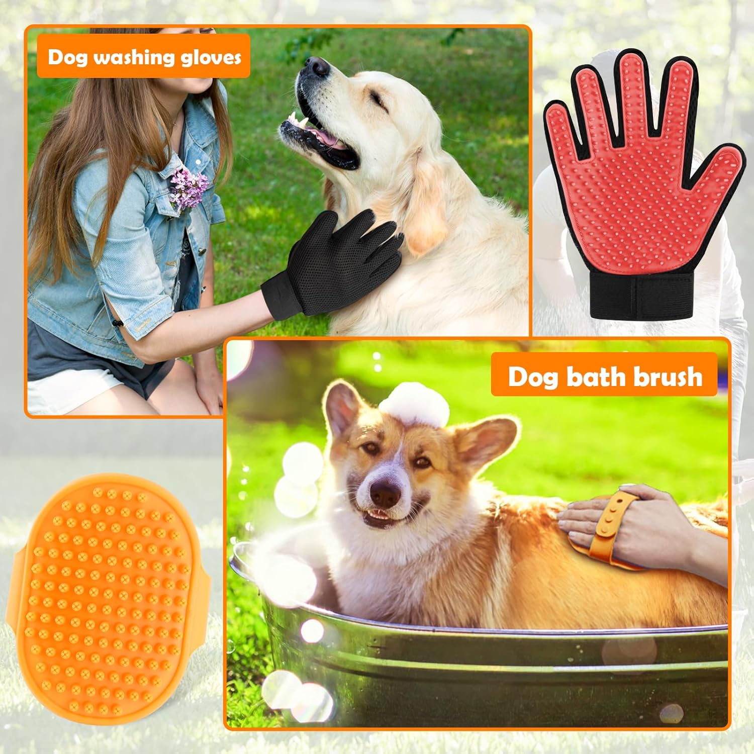 Upgrade Dog Washing Hose Attachment, 8 Spray Patterns Dog Wash with 3.5oz 100cc Soap Dispenser, Dog Washing Gloves, Dog Bath Brush, Suitable for Watering Plant, Patio, Cleaning, Showering Pet