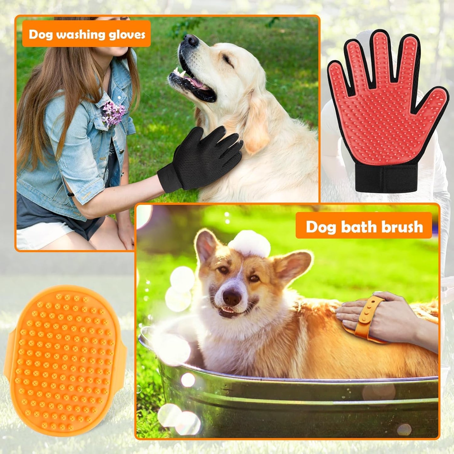 Upgrade Dog Washing Hose Attachment, 8 Spray Patterns Dog Wash with 3.5oz 100cc Soap Dispenser, Dog Washing Gloves, Dog Bath Brush, Suitable for Watering Plant, Patio, Cleaning, Showering Pet