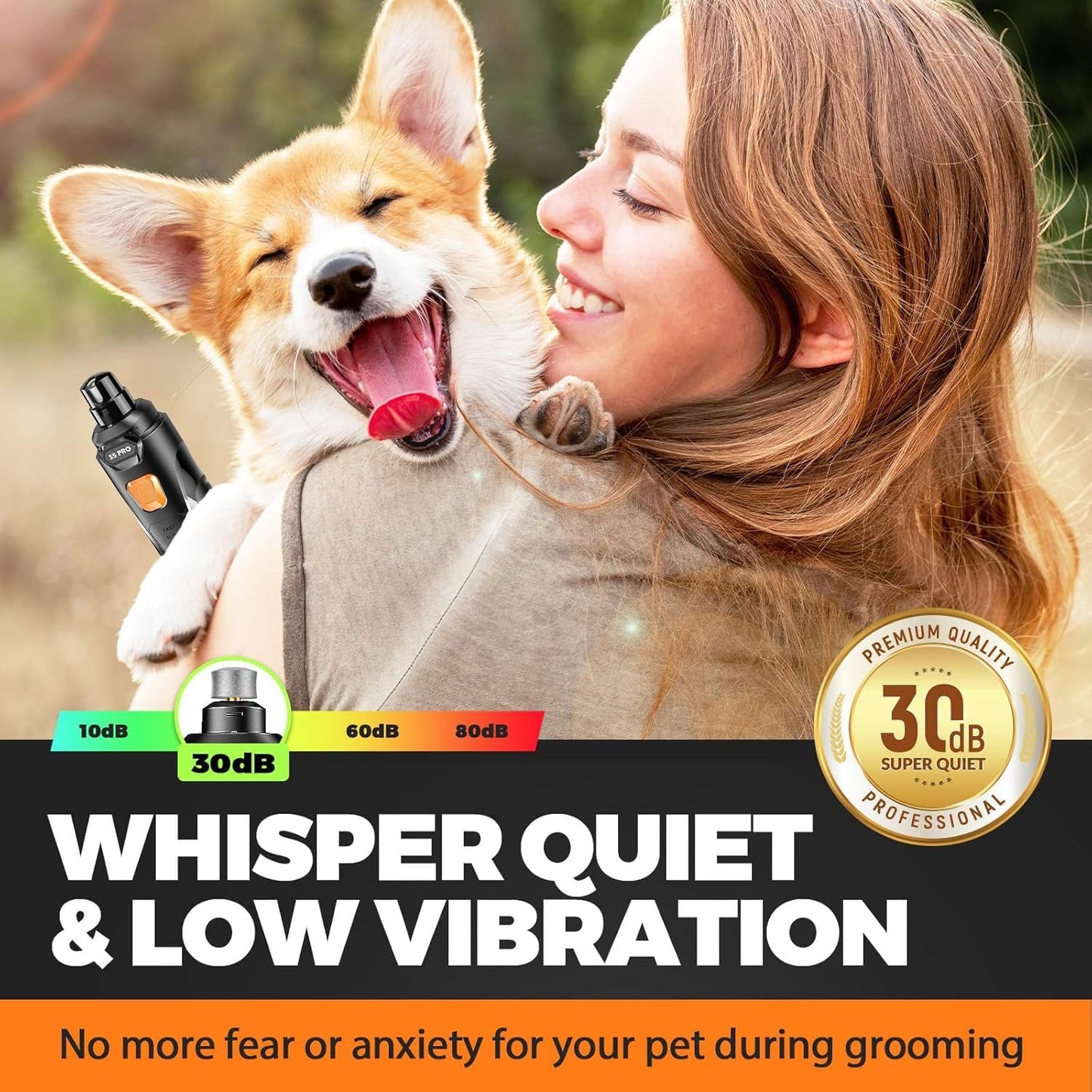 Quiet, rechargeable nail grinder for dogs and cats. Features 4 LED lights, 3 speed settings, and 3 grinding heads for safe, gentle, and stress-free nail trimming.
